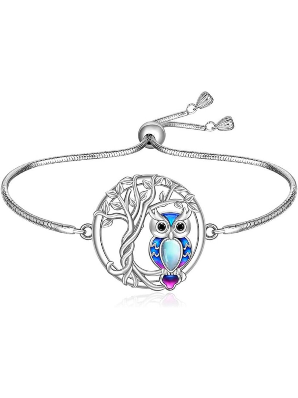 Sterling Silver Owl Tree of Life Bracelet with Moonstone - Unique Women's